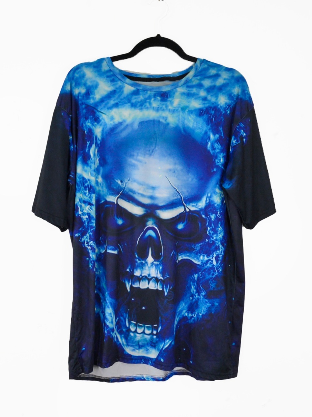 Vintage Y2K 00s Blue Black Flaming Skull Grunge Jersey Short Sleeve Shirt Top